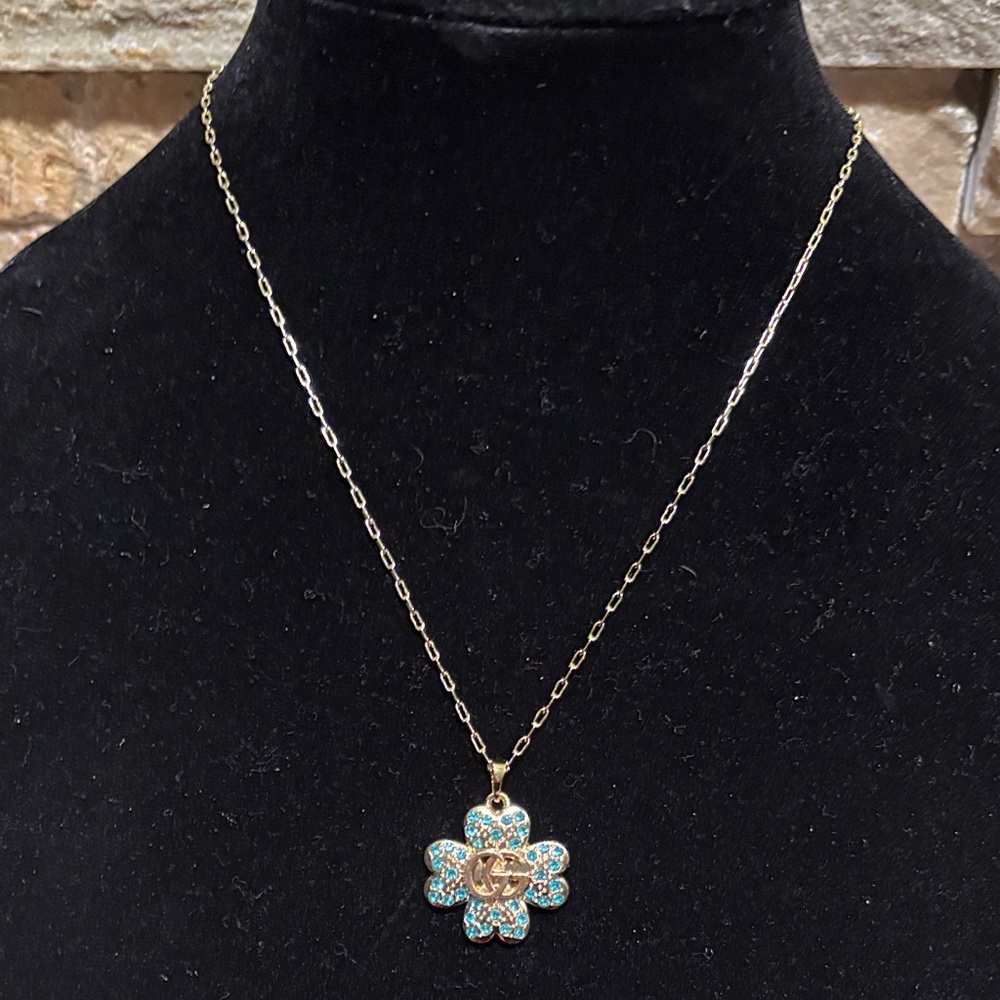 Gold and Blue GG Clover Pendant Necklace